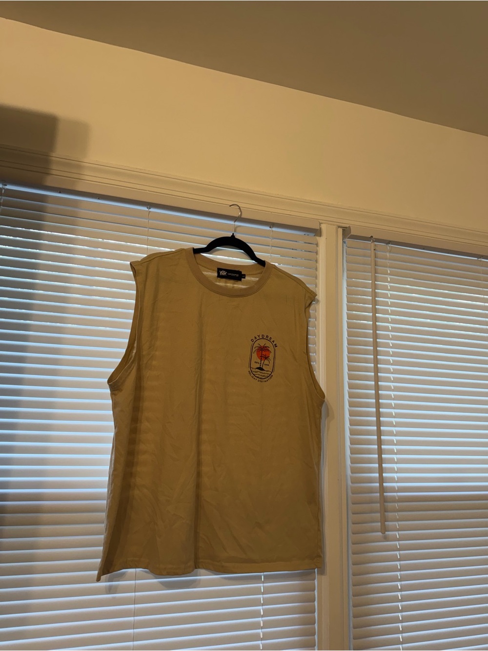 Sleeveless Graphic Tank with Palm Tree Logo - Tan